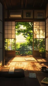 Sunlit tatami retreat opening onto a glowing green garden.