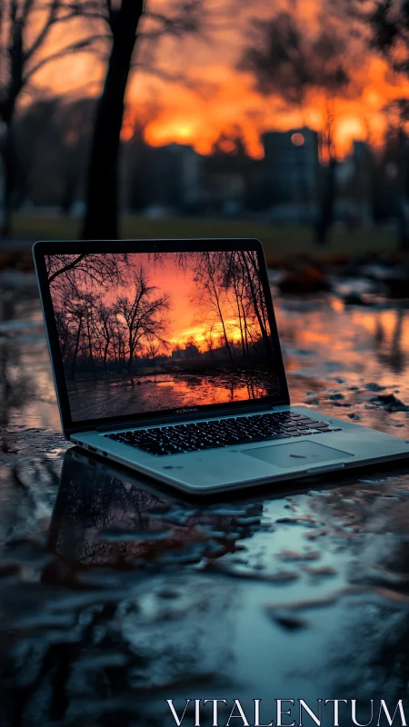 Laptop on wet reflective surface mirroring vivid sunset scene.
