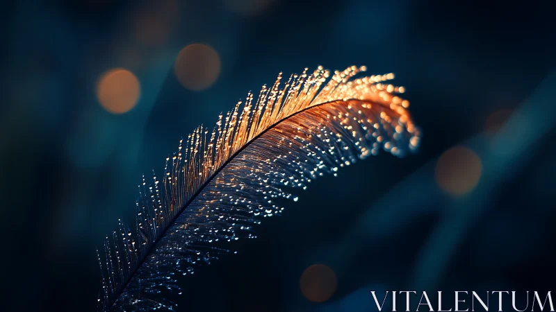 Macro study of dewy feather illuminated by warm rim light