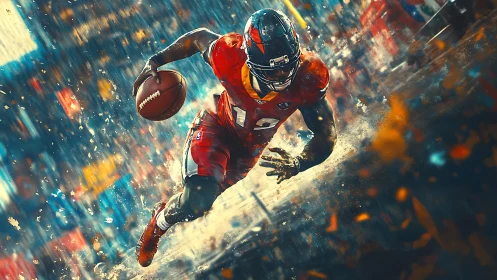 Dynamic digital painting of a sprinting football running back.