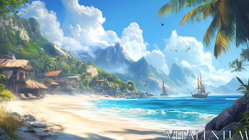 Tropical Island Settlement with Sailing Vessels in Dramatic Coastal Landscape
