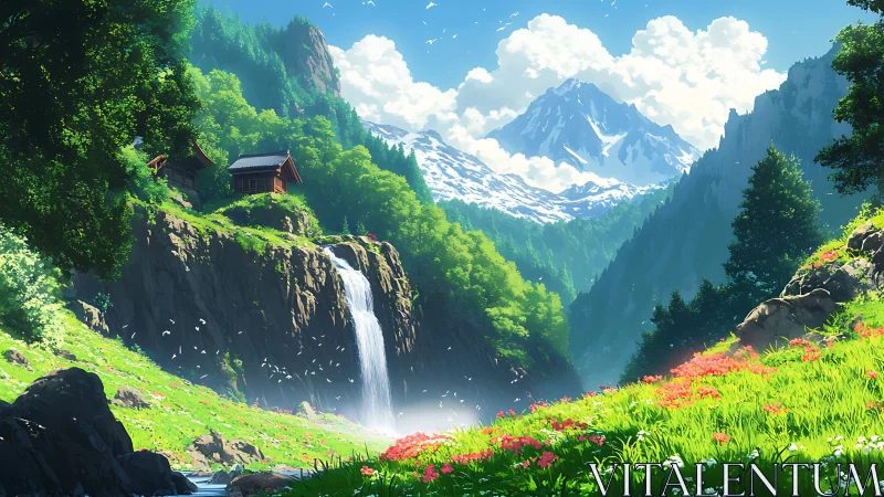 Mountain valley with waterfall, flowers, and hillside cabins.