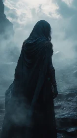Hooded wanderer on misty cliffs under storm-laden sky.
