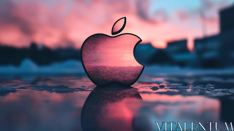 Apple Logo Glowing at Sunset Over Reflective Water