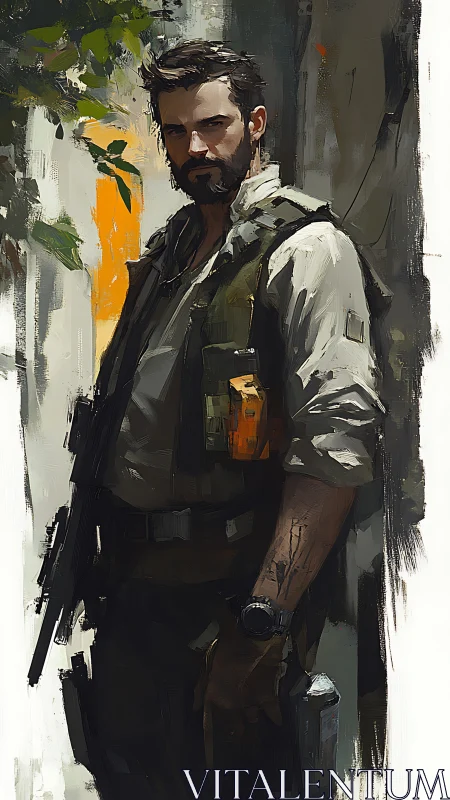 Militarized wanderer stands in painterly postwar alleyway