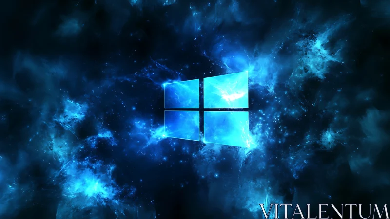 Glowing blue window logo drifts in a cosmic digital nebula