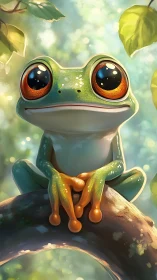Vivid tree frog portrait with luminous orange eyes on branch.