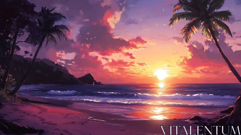 Gentle tropical sunset where painterly waves kiss shore.