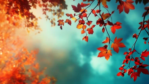 Glowing autumn leaves dancing gently across a dreamy sky.
