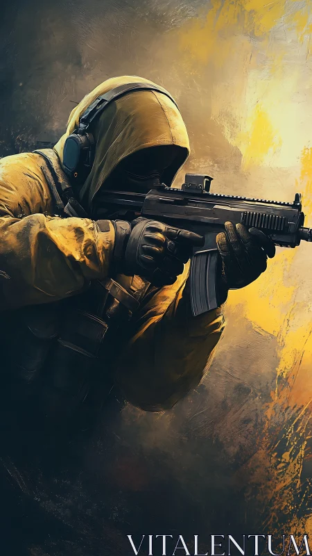 Hooded tactical shooter with compact carbine in warm haze