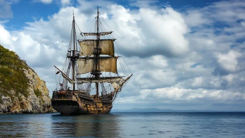 Stately tall ship drifting softly beneath storybook clouds.
