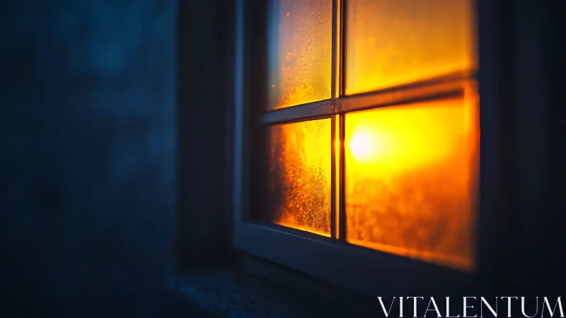 Sunset glow pours through a misted window pane softly.