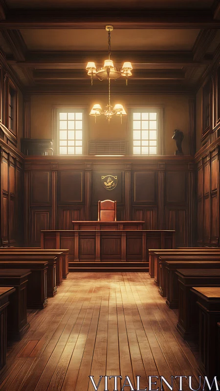 Empty traditional courtroom interior with wooden benches.