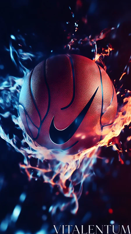 Fiery basketball glows boldly amid swirling blue and red flames