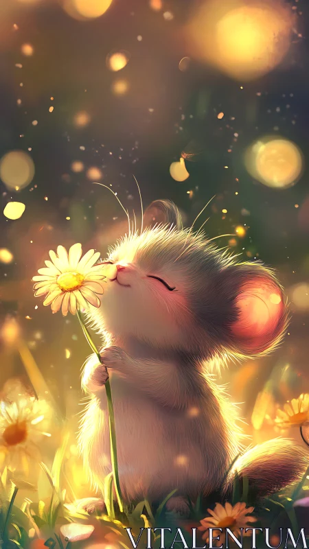 Softly lit mouse character savoring daisy in golden bokeh field.