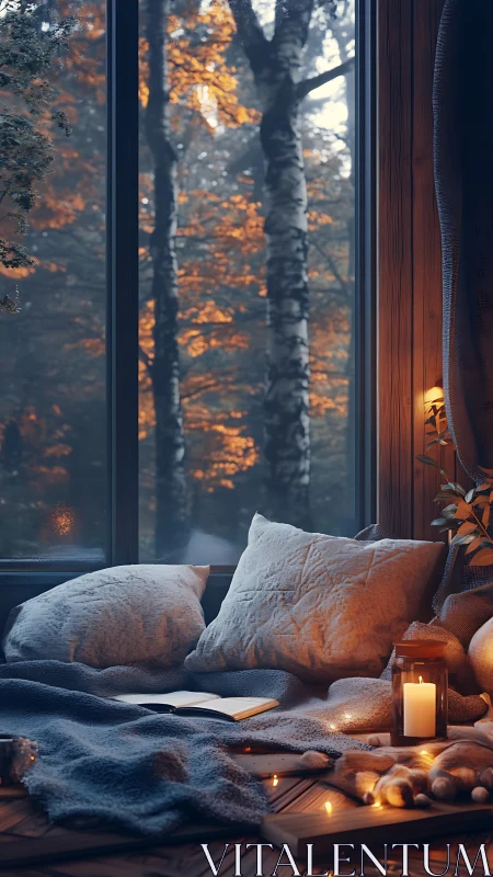 Cozy window reading nook glows softly against autumn forest