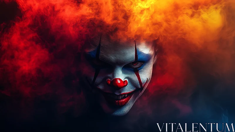 Sinister clown face emerging from fiery red orange smoke.