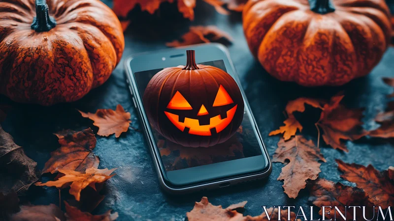 Illuminated Jack-O'-Lantern Mobile Display Surrounded by Autumn Pumpkins.