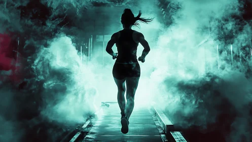 Backlit female athlete running through teal smoke tunnel