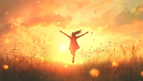 Joyful silhouette leaping in golden sunset field, dreamy light effect.