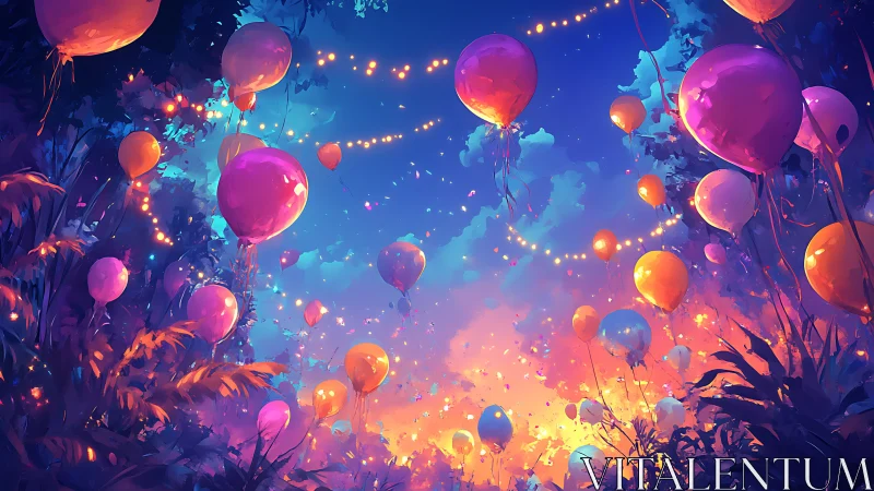 Luminous balloon canopy in twilight forest celebration scene