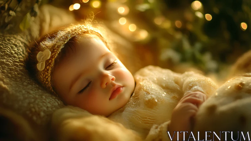 Sleeping Infant in Golden Luminescence with Textured Wrappings. Ethereal Bokeh.