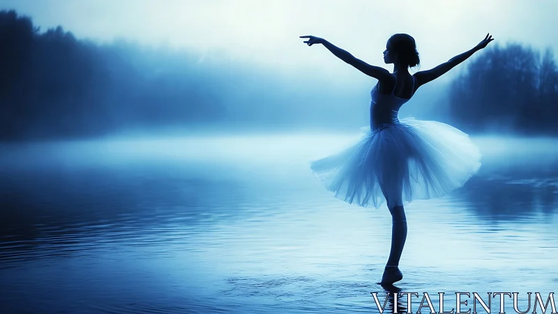 Silhouetted ballet dancer balanced on misty lake surface.