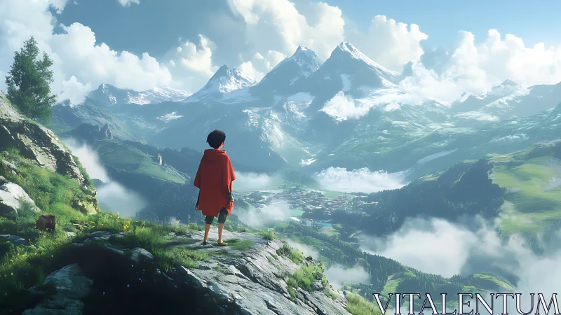 Digital painting of child on alpine cliff with vast valley vista.