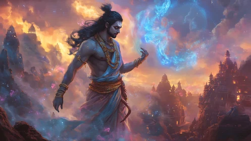 Divine blue deity strides through glowing celestial temples