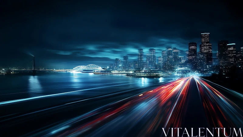 Night urban skyline with river bridge and traffic trails.