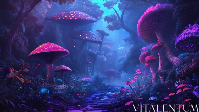 Bioluminescent mushroom forest with glowing riverbed path at dusk