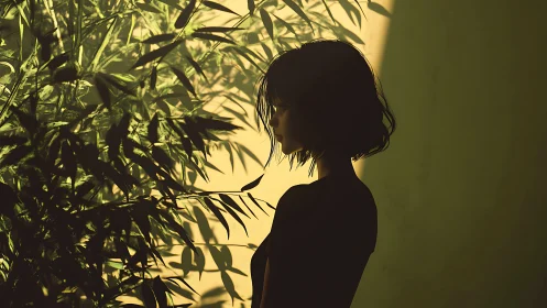 Silhouetted girl contemplates beside sunlit bamboo leaves.
