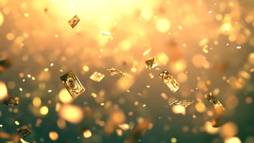 Golden rectangular tokens suspended in warm light field.