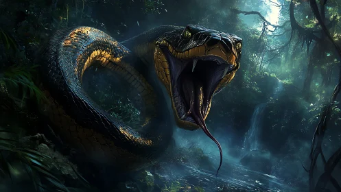 Digital painting of a lunging anaconda in misted rainforest.