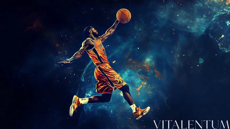 Dynamic basketball dunk captured in cosmic nebula color field