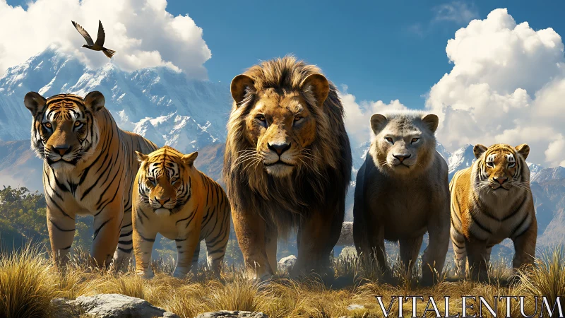 Wild Cats Converge: Tiger, Lion, and Leopard Against Mountain Peaks.