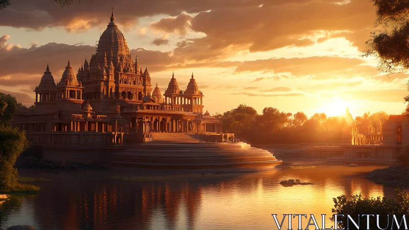 Sunlit riverside temple complex in volumetric sunset radiance.