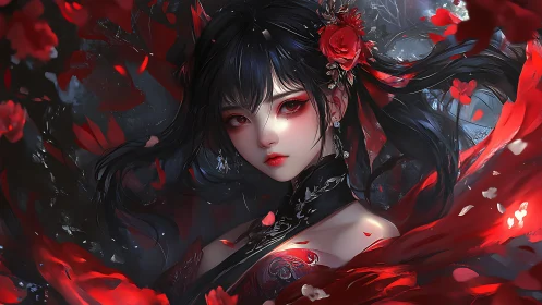 Dark-haired female figure with red petals in motion at night.