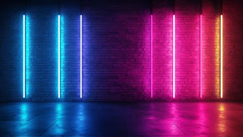 Neon RGB light tubes on brick wall with reflective concrete floor