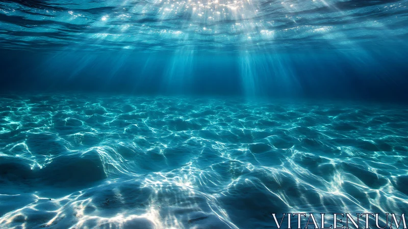 Sunlit underwater seafloor with refracted turquoise caustics.