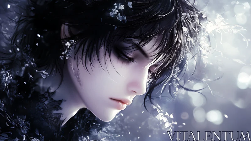 Side profile of stylized figure with dark hair and petals.