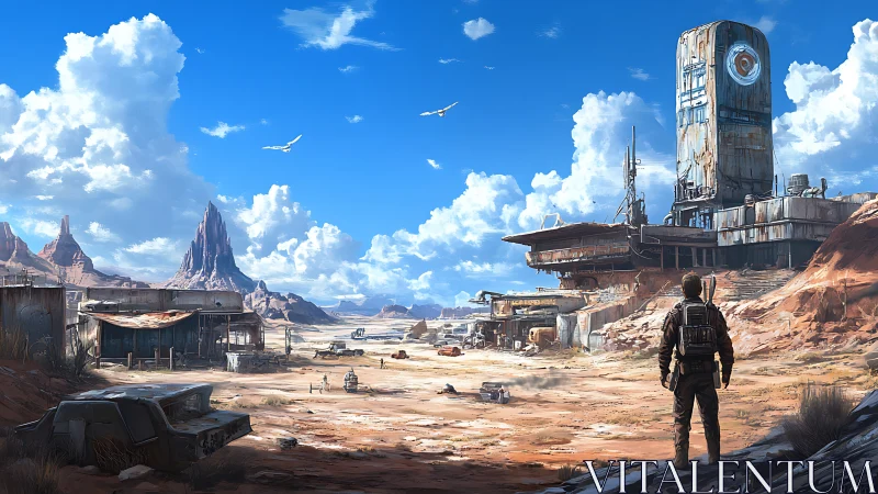 Desert frontier outpost with rusted orbital relay tower viewed afar.