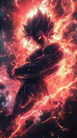 Fiery warrior stands wrapped in crackling red cosmic power