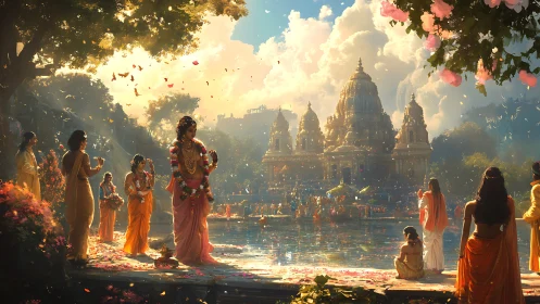 Procession gathers by riverside temple under dense daylight clouds