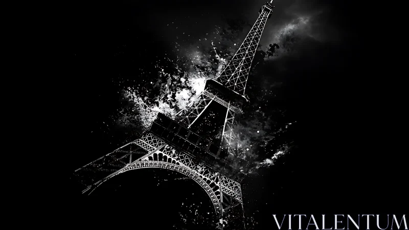 High-contrast splatter-rendered Eiffel Tower on black field
