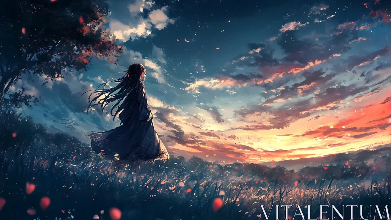 Girl in a twilight field under a glowing painted sky.
