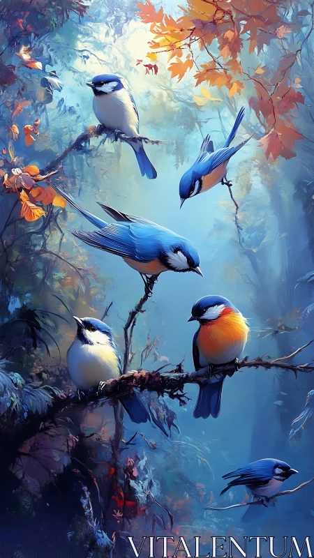 Gentle blue songbirds resting in a dreamy autumn forest.
