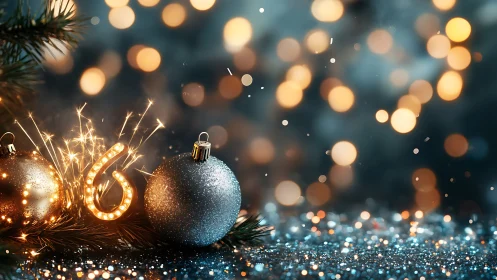 Sparkling New Year ornaments glow gently in festive lights