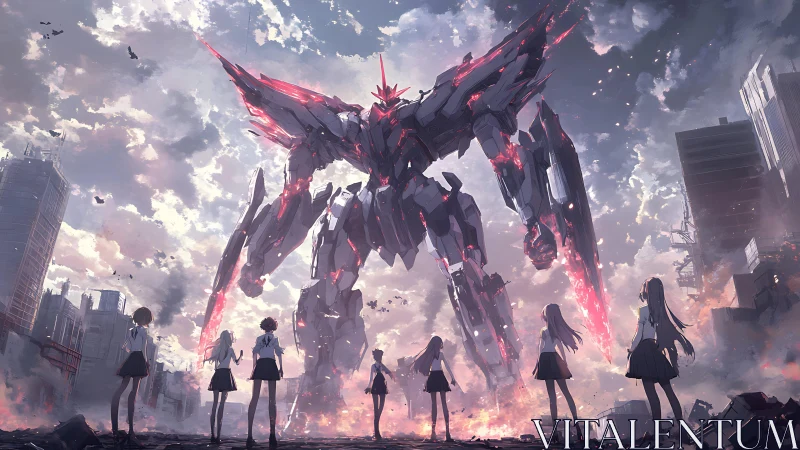 Colossal mecha descends over ruined city and schoolgirls.