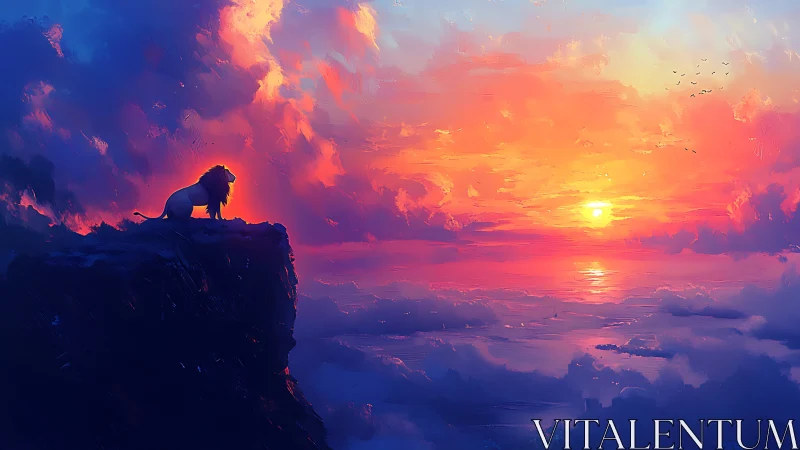 Lone cliffside lion greeting a swirling candy sky sunset.